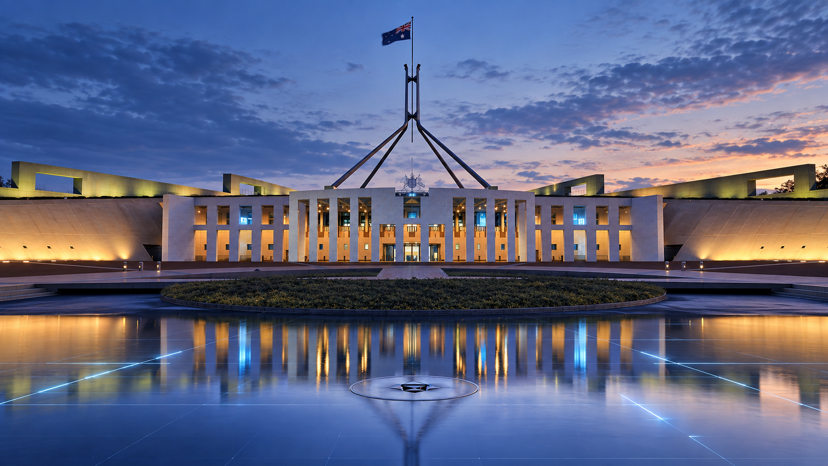 Parlamento australiano a Canberra al tramonto, sede istituzionale della proposta sulla Digital Duty of Care in Australia