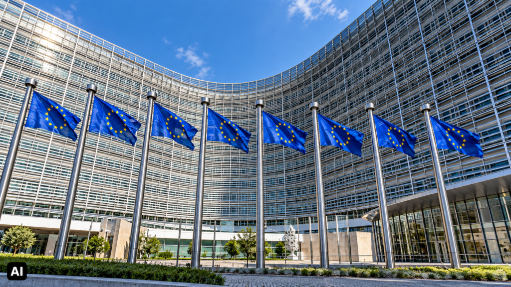 Bandiere dell’Unione Europea davanti alla sede della Commissione europea a Bruxelles, immagine istituzionale sul tema EU Kids Act.