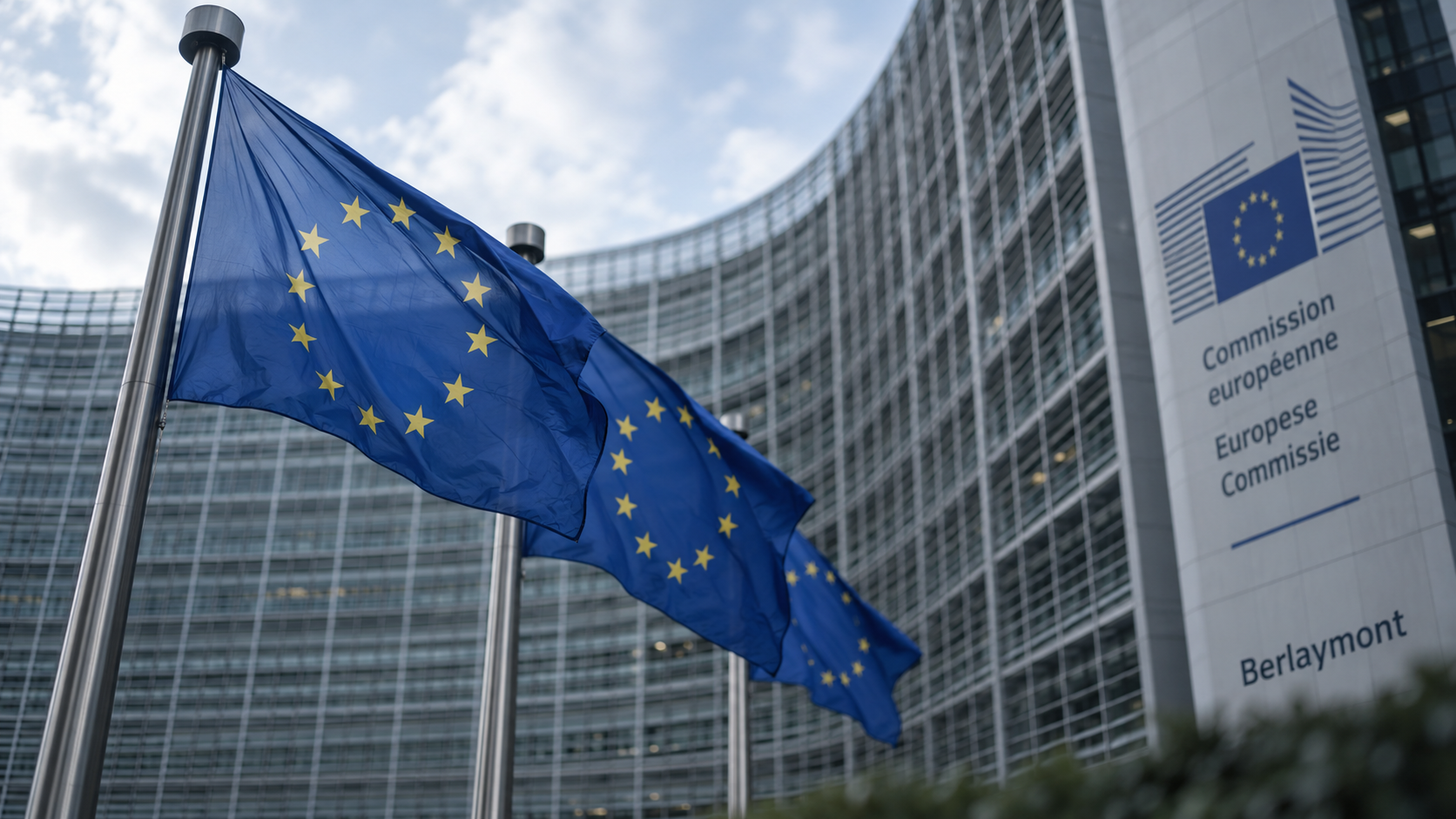 Facciata del Berlaymont a Bruxelles vista dal basso con bandiere dell’Unione europea in primo piano mosse dal vento, in stile editoriale
