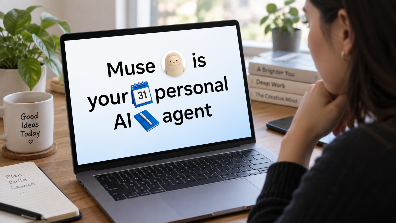 Persona osserva un laptop su una scrivania con la schermata di Muse, personal AI agent per la gestione delle attività.