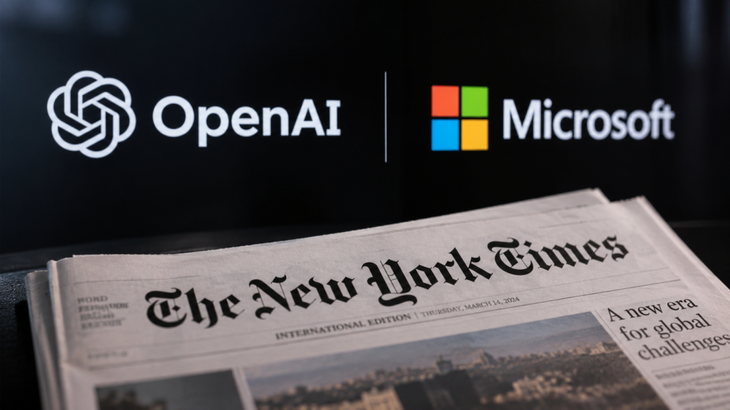 Loghi OpenAI e Microsoft su sfondo scuro in una composizione fotografica dedicata al rapporto tra intelligenza artificiale, tecnologia ed editoria.