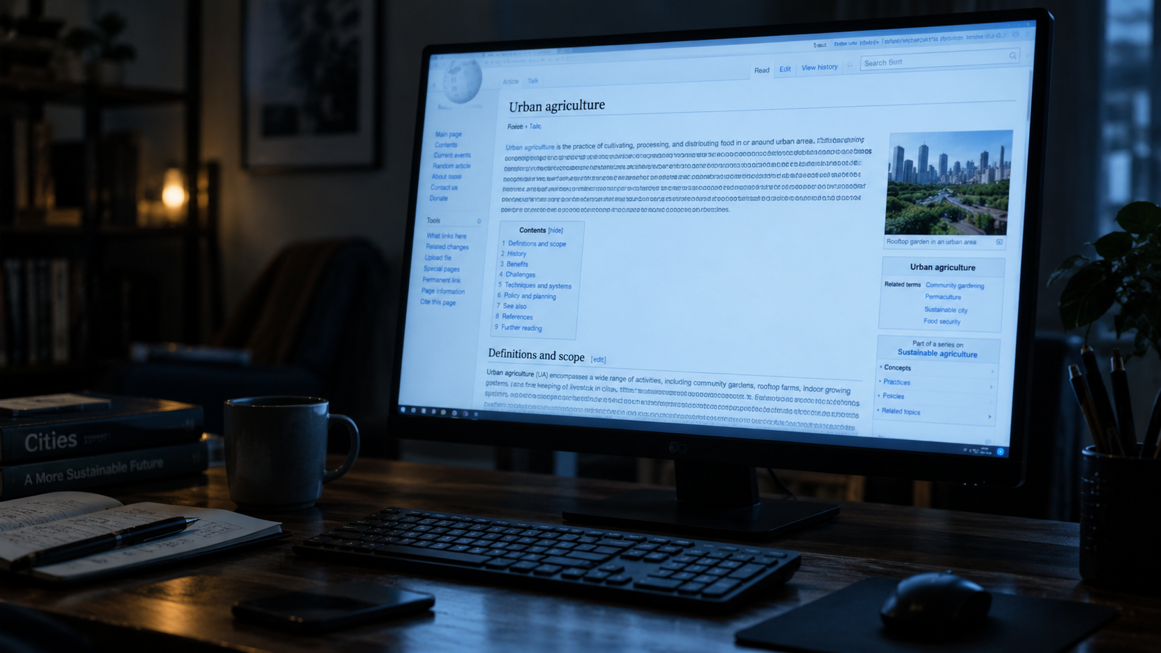 Monitor acceso su una scrivania in penombra con una pagina wiki ricca di testo modificato da OpenAI, illuminata da una luce fredda azzurrina.