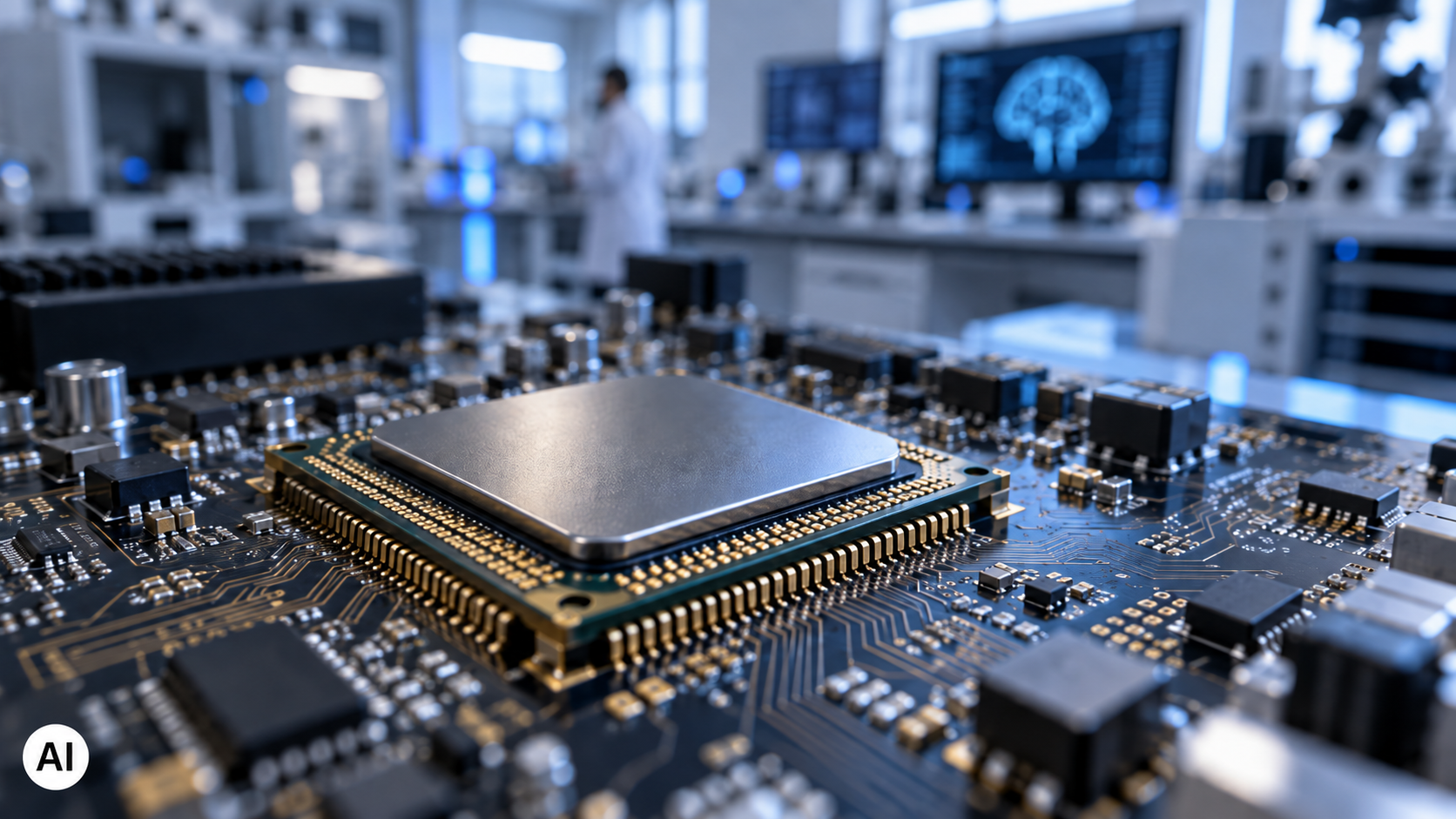 Processore per intelligenza artificiale montato su scheda madre in un laboratorio tecnologico, con circuiti e contatti dorati in primo piano.