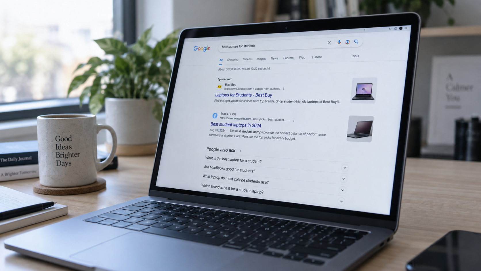 Schermo di laptop su scrivania in legno chiaro con pagina dei risultati di ricerca Google aperta, illuminato da luce naturale laterale.