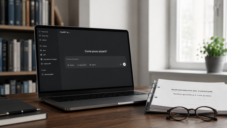 Scrivania da ufficio con laptop aperto su interfaccia di ricerca conversazionale ChatGPT, fascicolo cartaceo e occhiali, in ambiente sobrio da redazione o studio legale con luce naturale