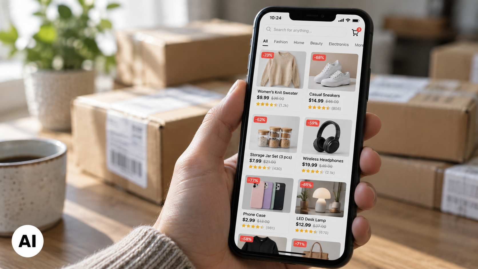 Mano che regge uno smartphone con un’app di shopping online a basso costo, mentre sullo sfondo si vedono pacchi di cartone accatastati.