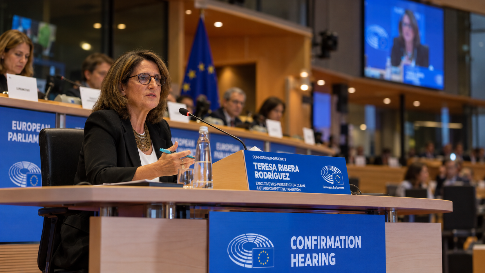 Teresa Ribera durante un’audizione al Parlamento europeo, seduta al tavolo dei relatori davanti al microfono.
