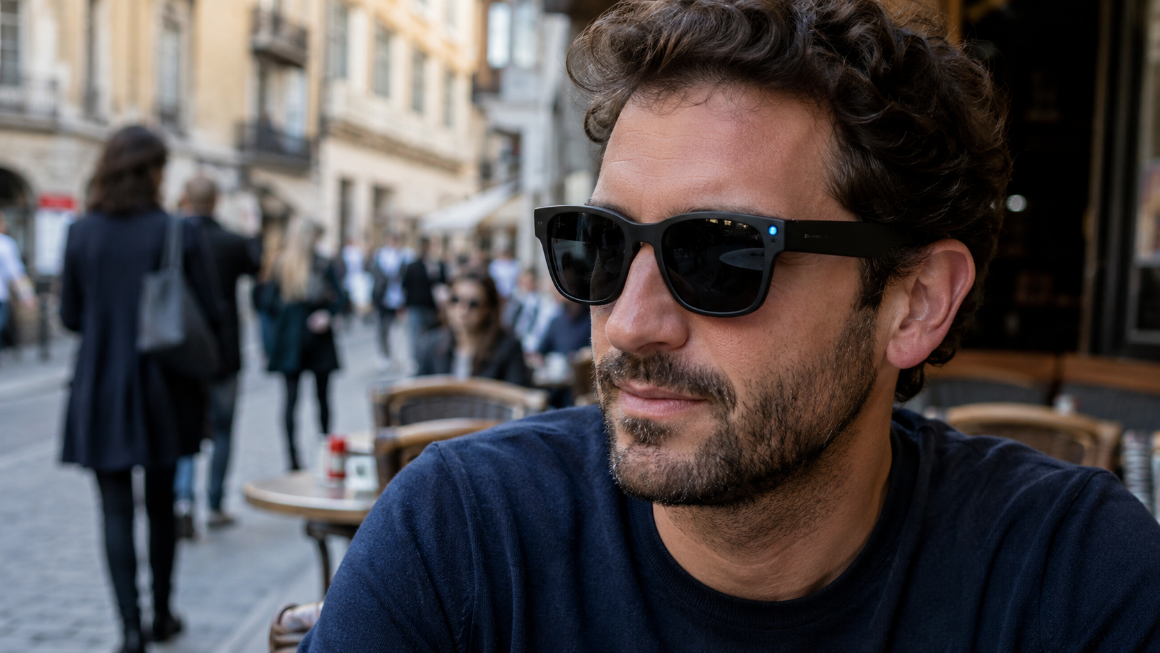 Uomo seduto al tavolino di un bar all’aperto in una città europea, con occhiali da sole neri Meta dotati di piccola telecamera e LED.