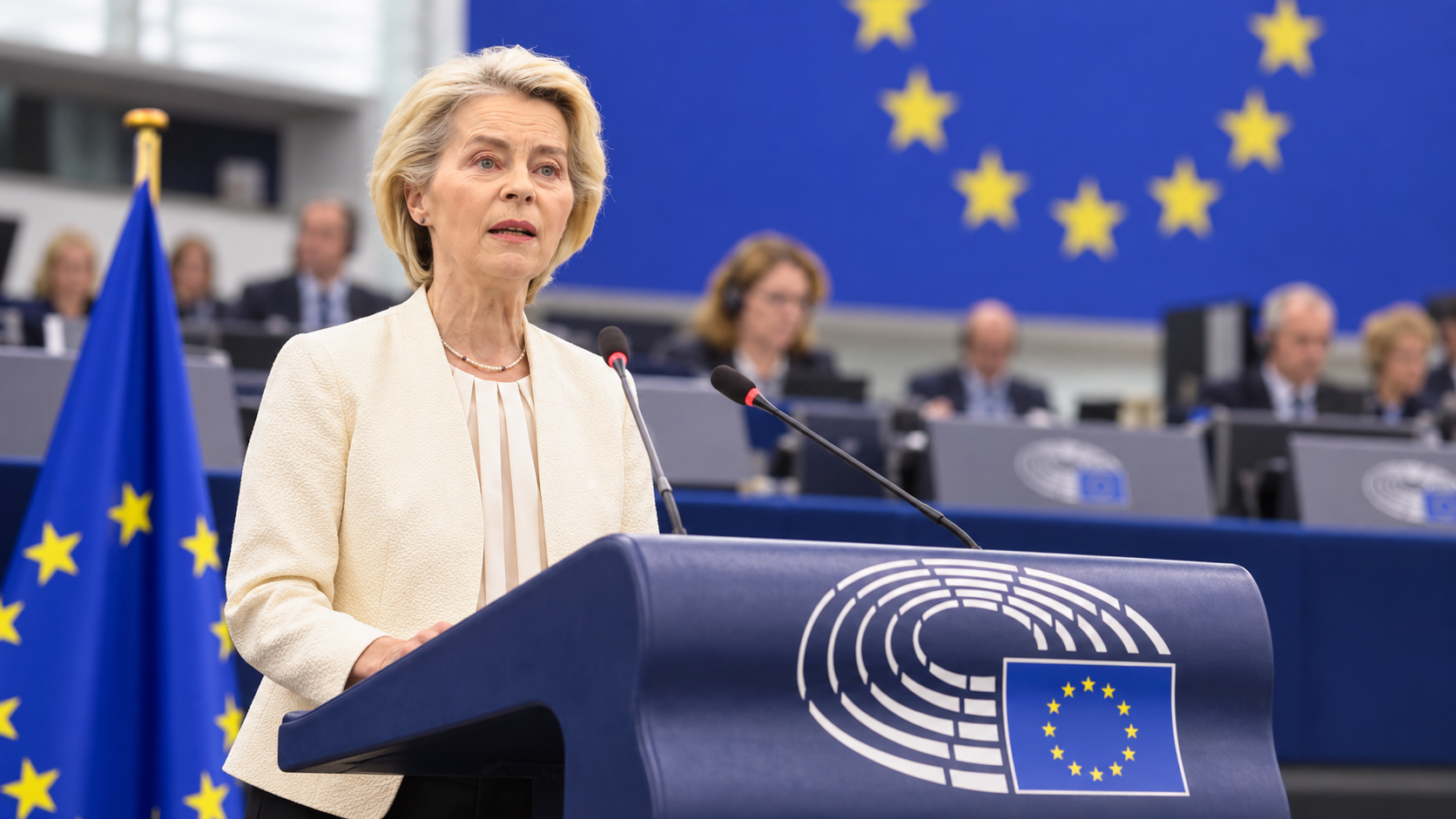 Ursula von der Leyen durante il discorso sullo Stato dell’Unione 2026 al Parlamento europeo, ripresa dal podio con bandiere UE sullo sfondo.