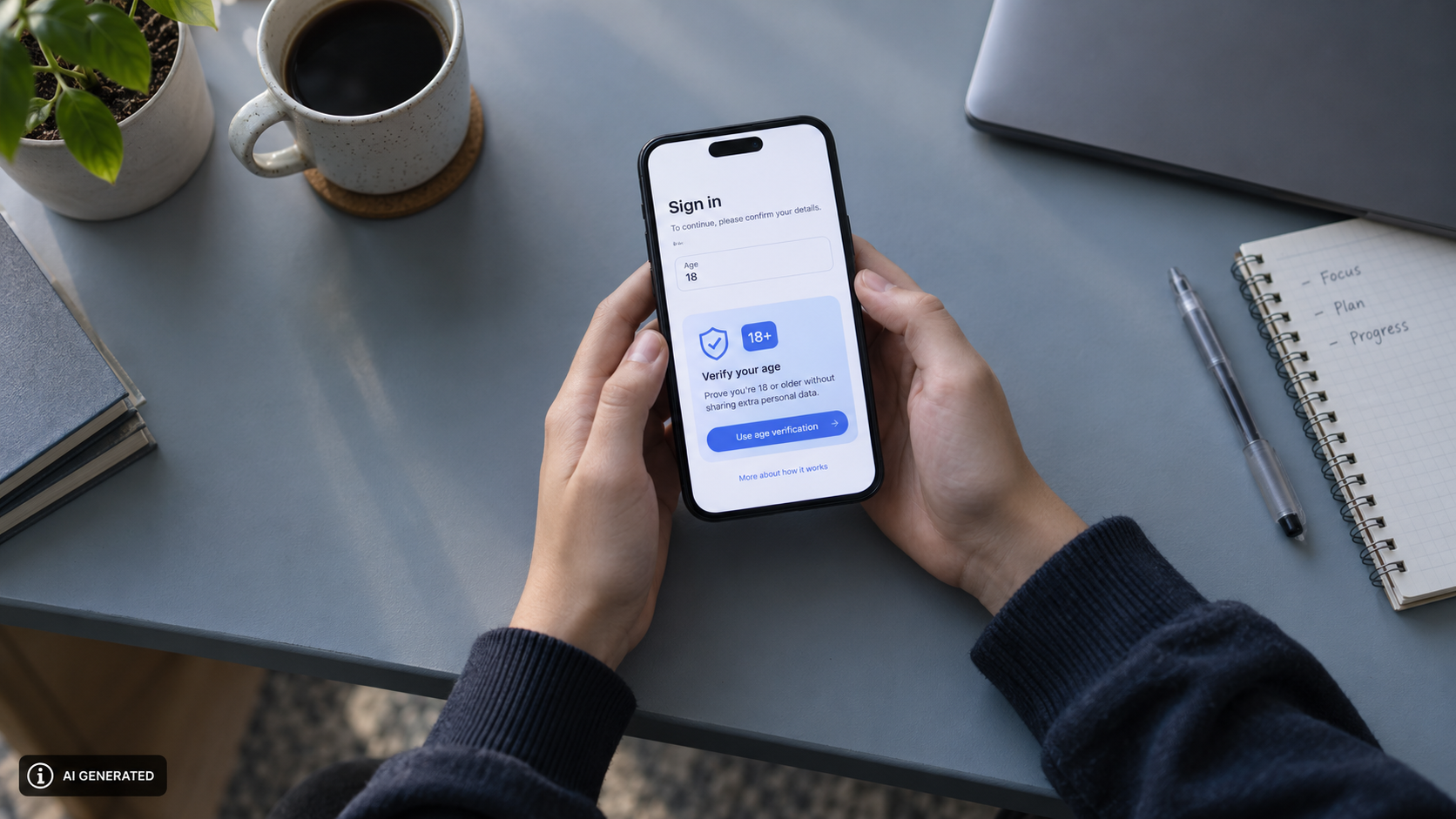 Mani di un adolescente che tengono uno smartphone con schermata di verifica dell’età 18+ ispirata alla soluzione europea per la tutela dei minori online.