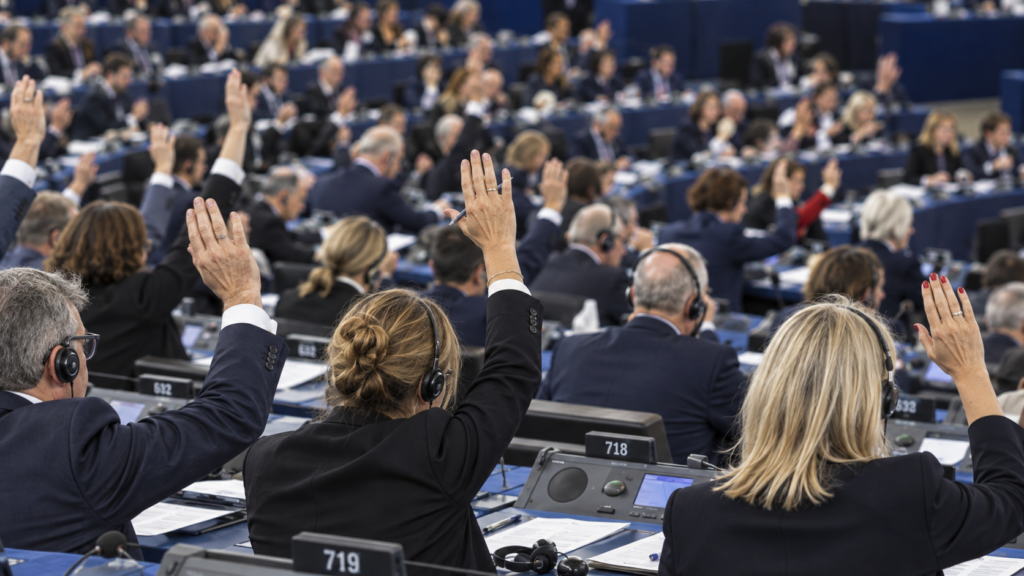 Sessione plenaria del Parlamento europeo durante una votazione, con eurodeputati che alzano la mano nell’emiciclo.