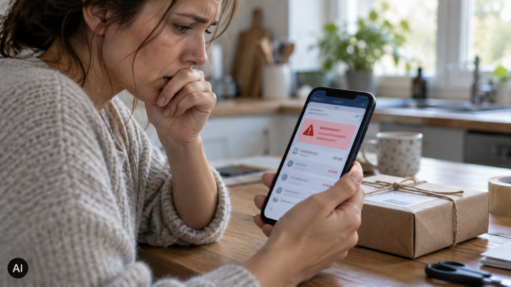 Donna vittima di phishing con cellulare in mano