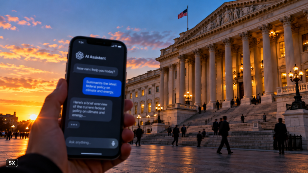 Smartphone con interfaccia di chat basata sull’intelligenza artificiale in primo piano, davanti a un edificio governativo statunitense con colonne neoclassiche, illuminato dalla luce del tramonto