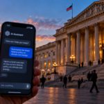 Smartphone con interfaccia di chat basata sull’intelligenza artificiale in primo piano, davanti a un edificio governativo statunitense con colonne neoclassiche, illuminato dalla luce del tramonto