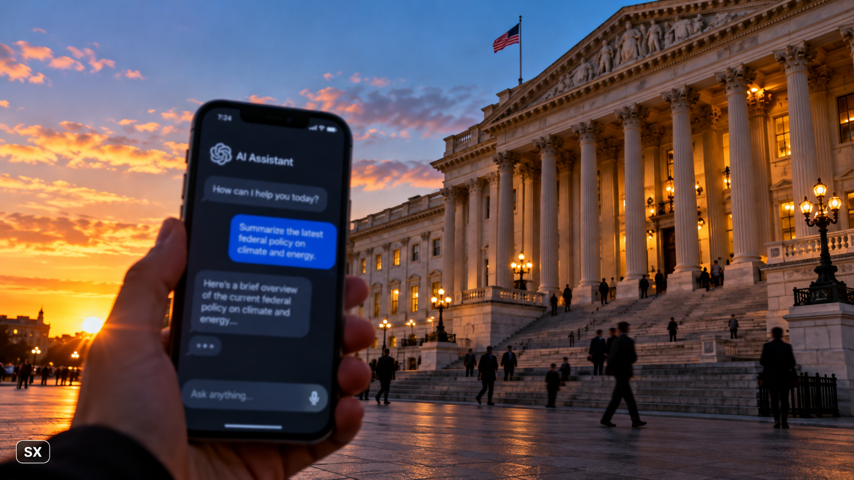 Smartphone con interfaccia di chat basata sull’intelligenza artificiale in primo piano, davanti a un edificio governativo statunitense con colonne neoclassiche, illuminato dalla luce del tramonto