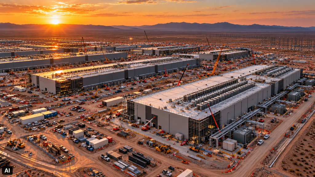 Fotografia aerea al tramonto di un enorme campus di data center in costruzione in una pianura desertica americana, con grandi capannoni grigi, gru, mezzi da cantiere e infrastrutture energetiche, illuminati dalla luce calda del sole.