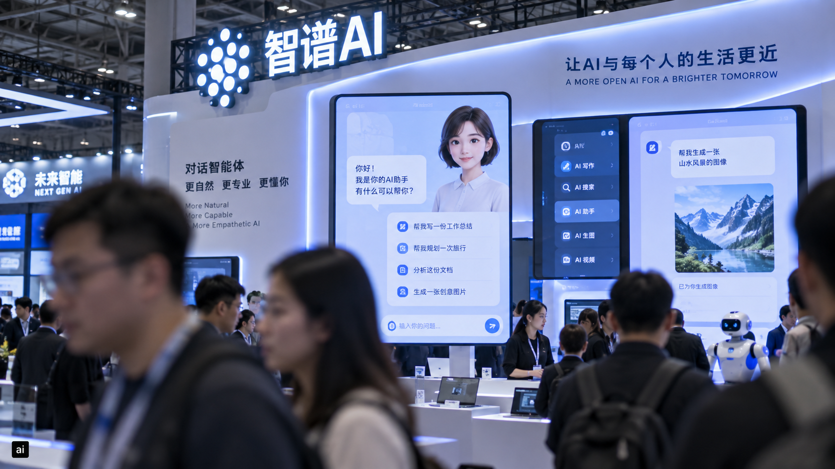 Stand di una startup cinese di intelligenza artificiale durante una fiera tecnologica, con grandi schermi che mostrano interfacce di chatbot e visitatori sfocati in primo piano.