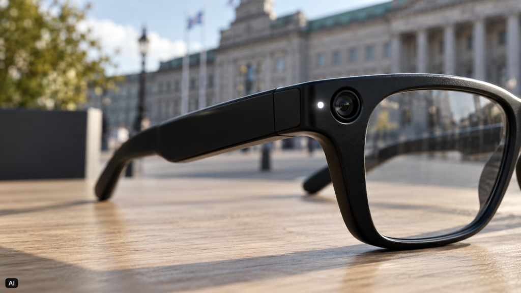 Occhiali smart neri appoggiati su un tavolo di legno chiaro, con fotocamera integrata e piccola spia bianca accesa; sullo sfondo sfocato si intravede un edificio istituzionale, illuminato dalla luce diurna