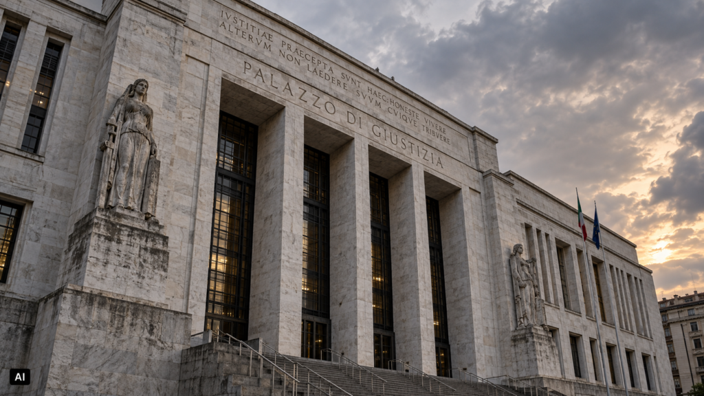 Facciata del Palazzo di Giustizia di Milano ripresa dal basso con prospettiva obliqua, nella luce del tardo pomeriggio sotto un cielo nuvoloso. Piccola etichetta “AI” in basso a sinistra