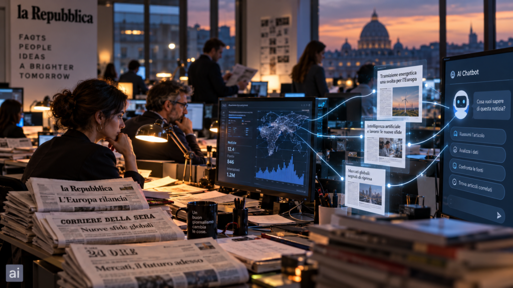 Redazione giornalistica moderna al tramonto, con giornalisti al lavoro, quotidiani cartacei sulle scrivanie e monitor che mostrano grafici, flussi di dati e un’interfaccia di chatbot IA. Linee luminose collegano gli articoli agli strumenti digitali di analisi
