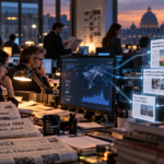 Redazione giornalistica moderna al tramonto, con giornalisti al lavoro, quotidiani cartacei sulle scrivanie e monitor che mostrano grafici, flussi di dati e un’interfaccia di chatbot IA. Linee luminose collegano gli articoli agli strumenti digitali di analisi