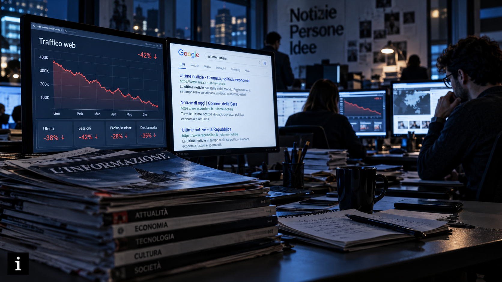 Redazione giornalistica moderna in penombra, con monitor che mostrano grafici del traffico web in calo e risultati dei motori di ricerca. In primo piano una pila di riviste, mentre giornalisti lavorano alle postazioni illuminate dalla luce blu degli schermi.