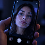 testo alternativo Primo piano di uno smartphone che mostra il selfie di una donna con una griglia luminosa di riconoscimento facciale sovrapposta al volto. Illuminazione blu-viola, sfondo scuro sfocato e atmosfera tecnologica.