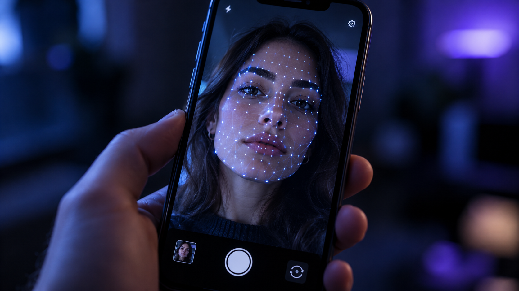 testo alternativo Primo piano di uno smartphone che mostra il selfie di una donna con una griglia luminosa di riconoscimento facciale sovrapposta al volto. Illuminazione blu-viola, sfondo scuro sfocato e atmosfera tecnologica.