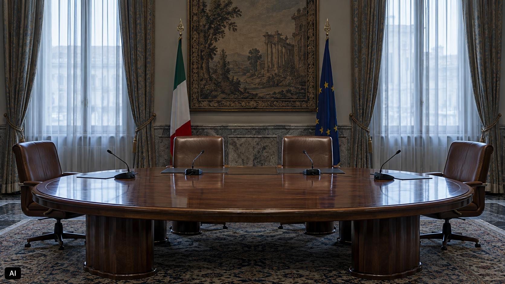Sala riunioni istituzionale vuota con tavolo ovale in legno, quattro poltrone in pelle e microfoni spenti. Luce fredda dalle finestre, bandiere italiana ed europea sullo sfondo