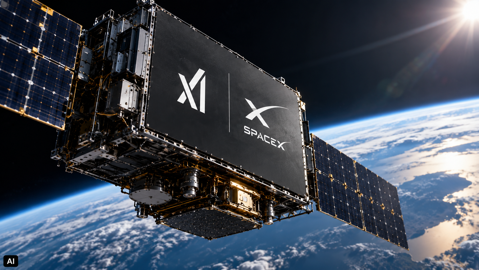 testo alternativo Satellite per telecomunicazioni e intelligenza artificiale in orbita terrestre, con i loghi xAI e SpaceX sulla struttura centrale e pannelli solari estesi, ripreso da una prospettiva ravvicinata con la Terra sullo sfondo