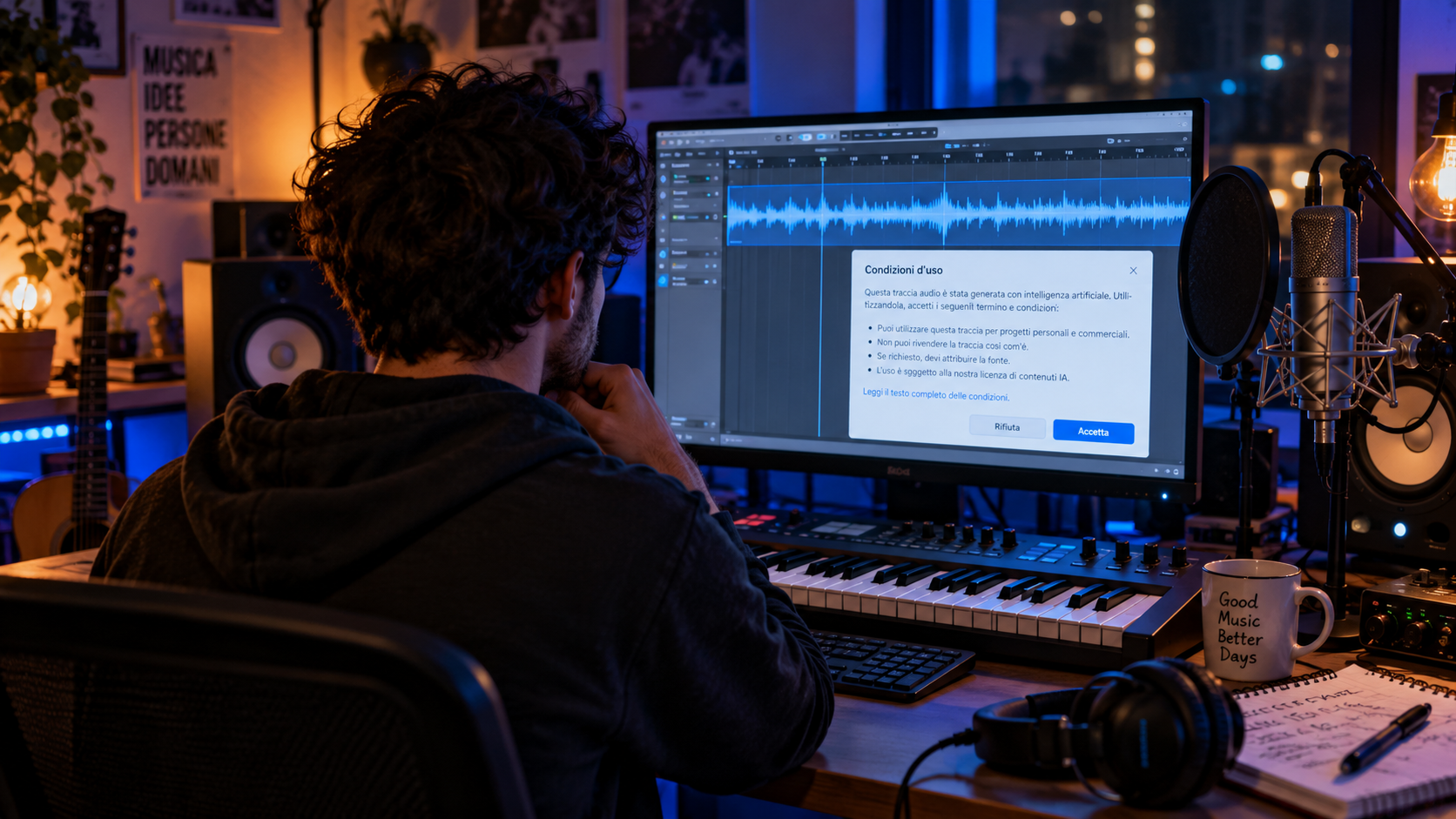 Giovane musicista di spalle in un home studio notturno, davanti a un monitor con una traccia audio generata dall’intelligenza artificiale e una finestra sulle condizioni d’uso, tra tastiera MIDI e microfono professionale