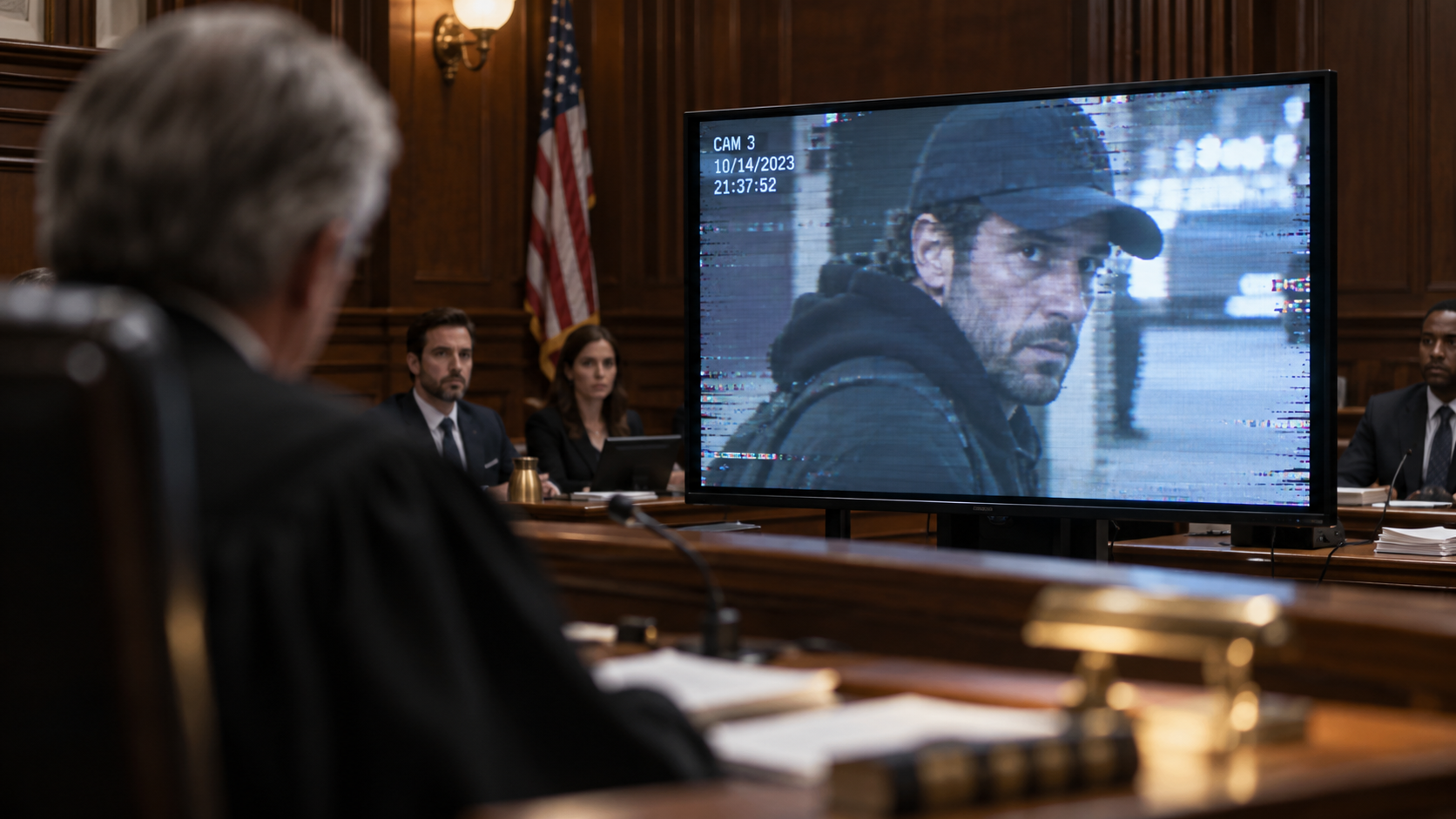 Aula di tribunale federale americano con un giudice di spalle in primo piano e un grande monitor che mostra il volto di un uomo ripreso da una telecamera di sorveglianza, con disturbi digitali nell’immagine.