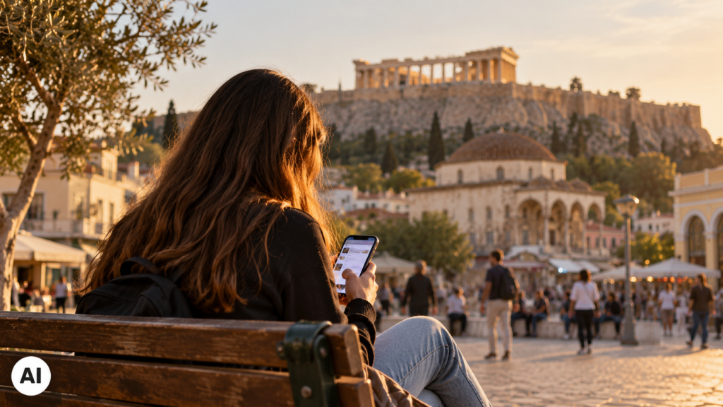 Adolescente seduta su una panchina ad Atene mentre utilizza uno smartphone, con il Partenone sullo sfondo illuminato dalla luce del tramonto.