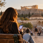 Adolescente seduta su una panchina ad Atene mentre utilizza uno smartphone, con il Partenone sullo sfondo illuminato dalla luce del tramonto.