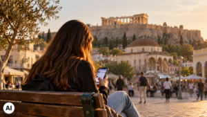 Adolescente seduta su una panchina ad Atene mentre utilizza uno smartphone, con il Partenone sullo sfondo illuminato dalla luce del tramonto.