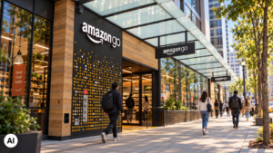 Ingresso di un negozio Amazon Go visto da una prospettiva laterale, con insegne del marchio, vetrate, passanti e una strada urbana sullo sfondo.