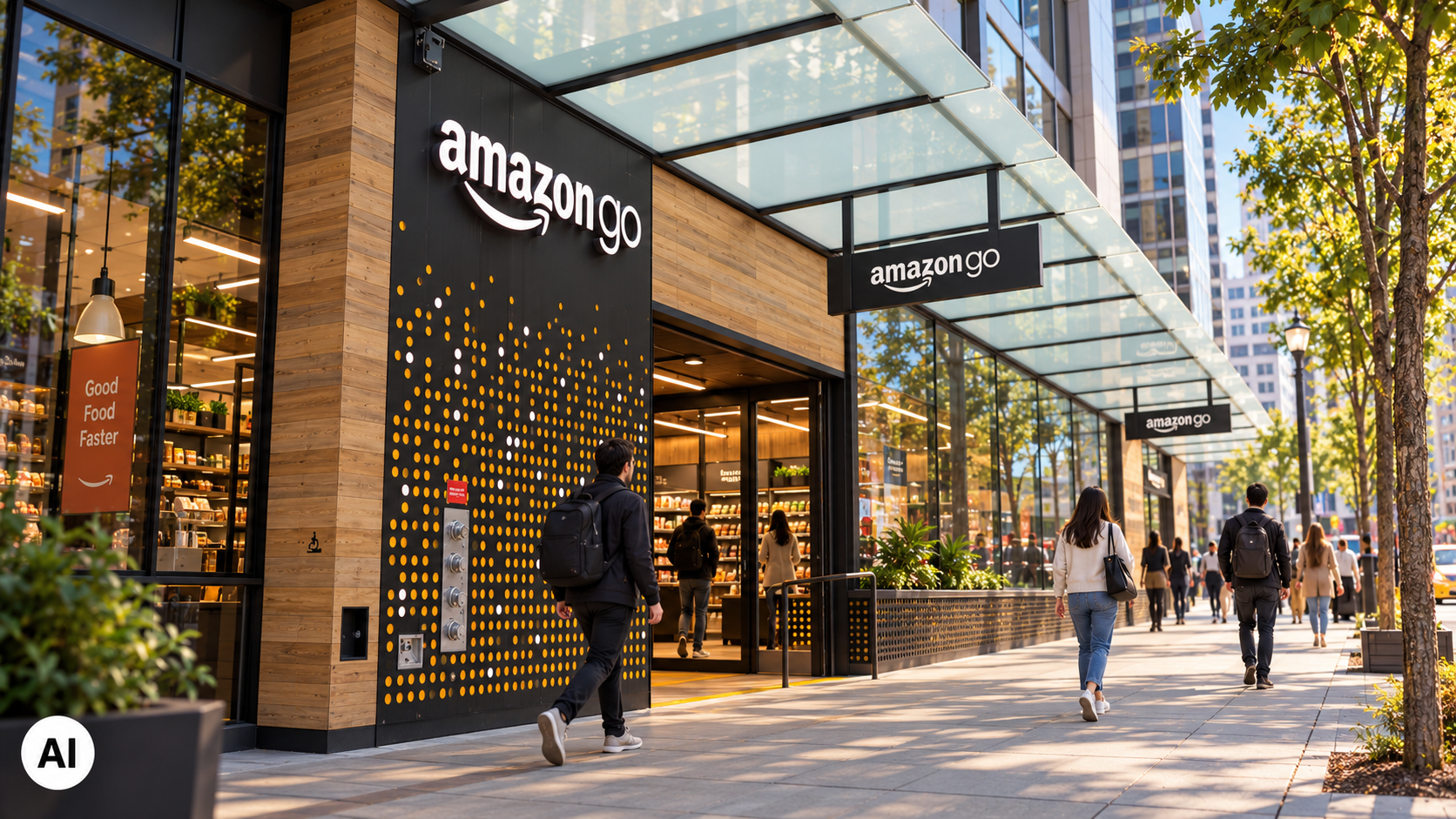 Ingresso di un negozio Amazon Go visto da una prospettiva laterale, con insegne del marchio, vetrate, passanti e una strada urbana sullo sfondo.