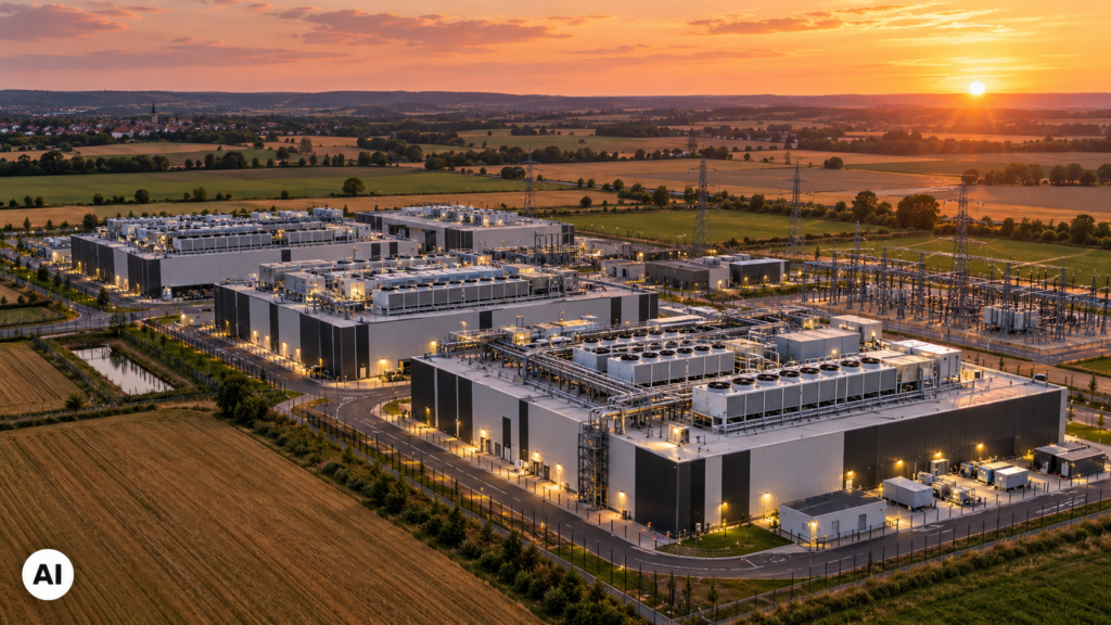Vista aerea di un grande campus di data center europeo al tramonto, con edifici industriali, impianti di raffreddamento sui tetti, infrastrutture elettriche e campi agricoli circostanti.