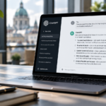 Laptop su scrivania in ufficio europeo con interfaccia ChatGPT e testo generato dall’intelligenza artificiale, con bollino AI.