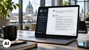 Laptop su scrivania in ufficio europeo con interfaccia ChatGPT e testo generato dall’intelligenza artificiale, con bollino AI.