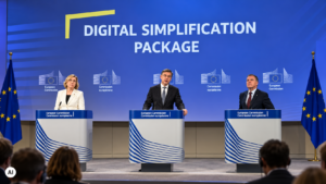 Conferenza stampa della Commissione europea sul Digital Simplification Package con tre rappresentanti istituzionali ai podi.