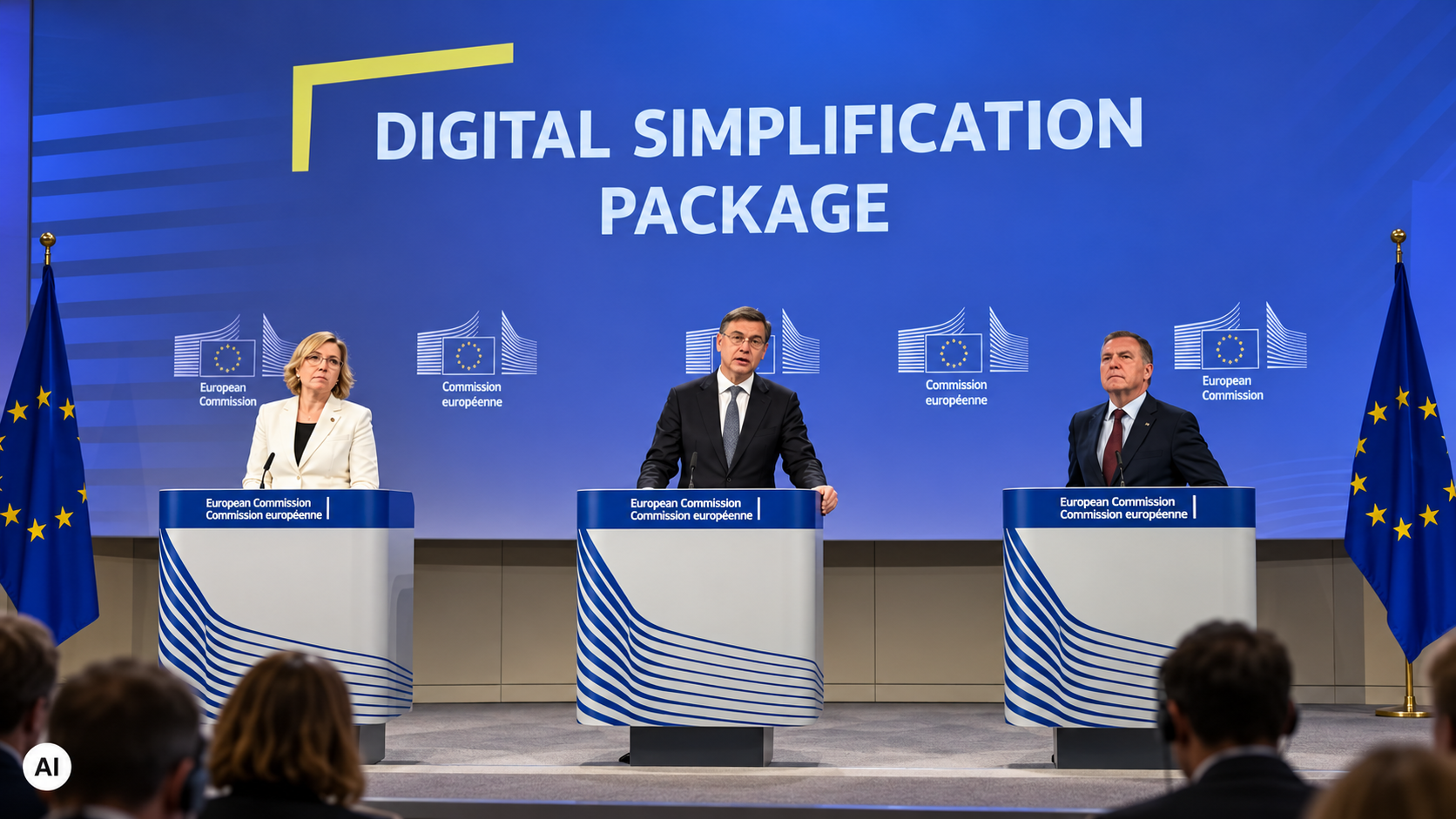 Conferenza stampa della Commissione europea sul Digital Simplification Package con tre rappresentanti istituzionali ai podi.