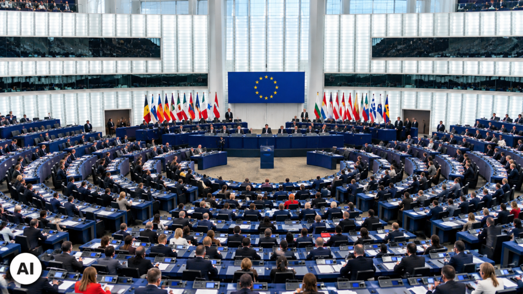 Emiciclo del Parlamento europeo durante una seduta, immagine generata con AI a corredo della notizia sul Digital Fairness Act e le nuove regole contro gli algoritmi che creano dipendenza.