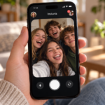 Mano che regge uno smartphone con la funzione Instants di Instagram aperta, mentre un gruppo di adolescenti di 13-14 anni scatta un selfie in un ambiente domestico.