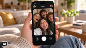 Mano che regge uno smartphone con la funzione Instants di Instagram aperta, mentre un gruppo di adolescenti di 13-14 anni scatta un selfie in un ambiente domestico.
