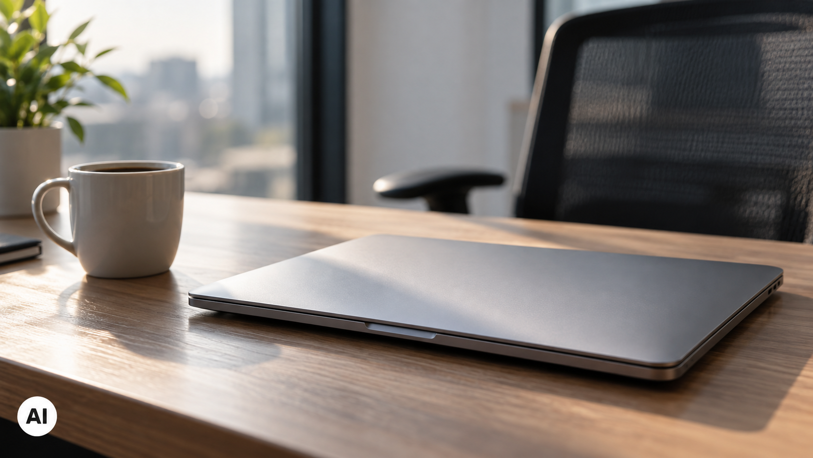 Laptop aziendale chiuso su una scrivania d’ufficio con tazza di caffè e sedia sullo sfondo, illuminato da luce naturale.