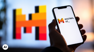 Smartphone con logo Mistral AI sullo schermo, tenuto in mano in primo piano, con il simbolo dell'azienda francese di intelligenza artificiale sfocato sullo sfondo.