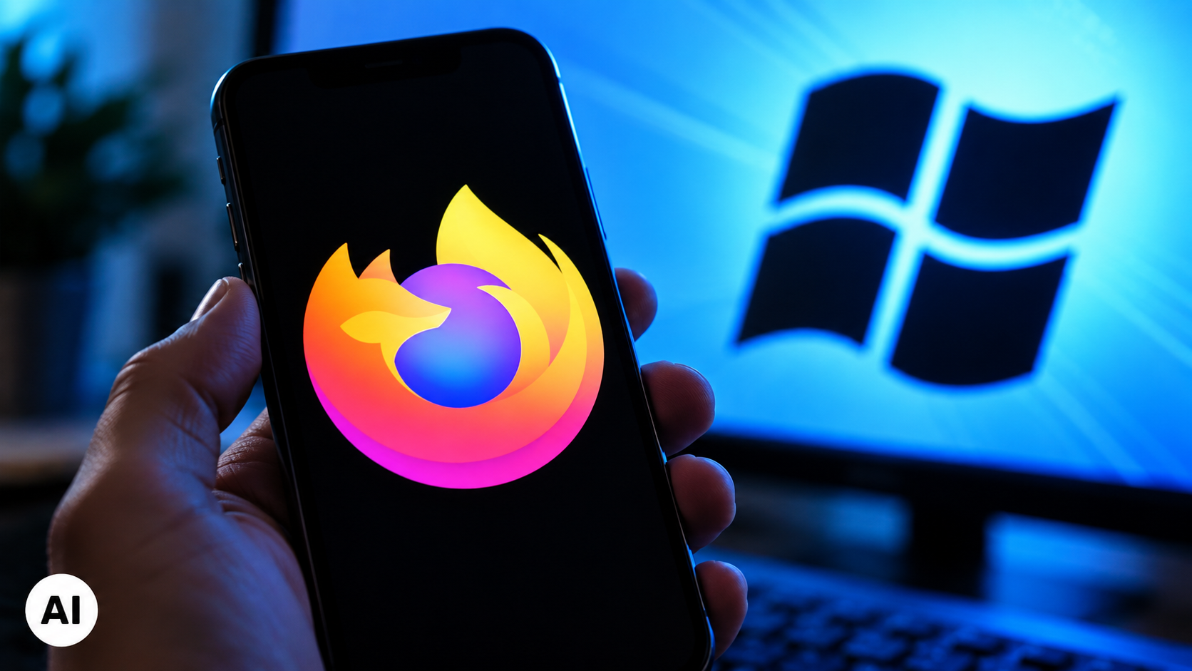 Smartphone con logo Mozilla Firefox in primo piano e schermo di computer con logo Microsoft Windows sullo sfondo, in un ambiente tecnologico illuminato da luce blu.