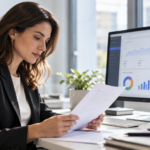 Professionista intenta a leggere un documento in un ufficio moderno, davanti a un monitor che mostra una dashboard con grafici e statistiche delle campagne di email marketing.