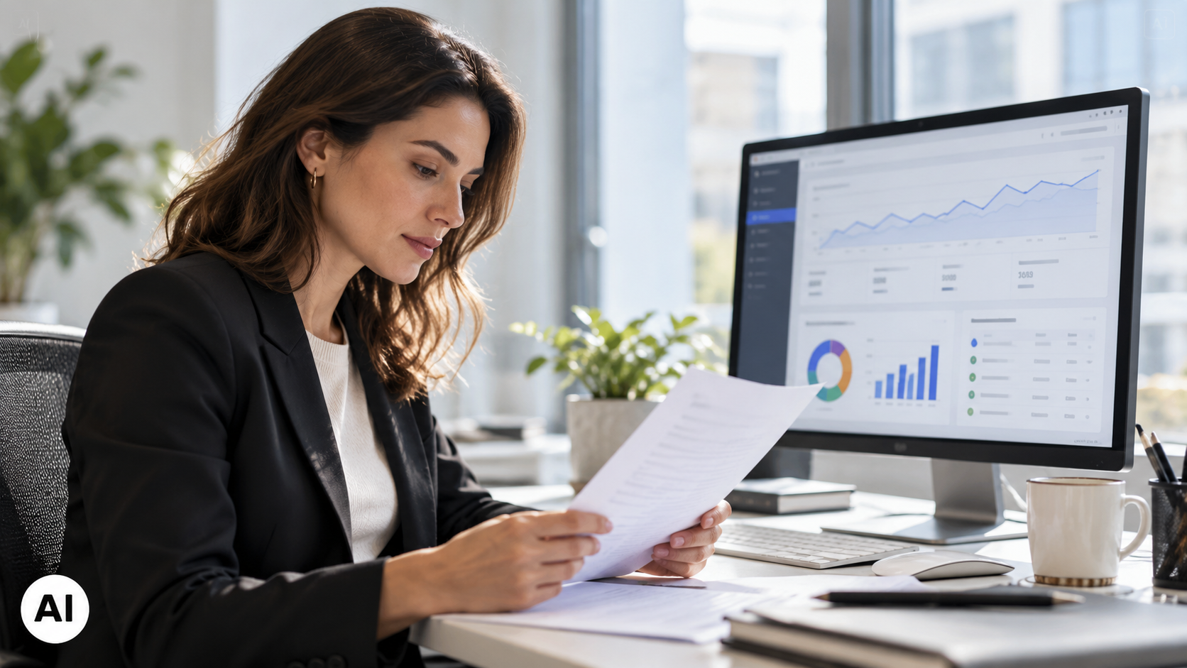 Professionista intenta a leggere un documento in un ufficio moderno, davanti a un monitor che mostra una dashboard con grafici e statistiche delle campagne di email marketing.